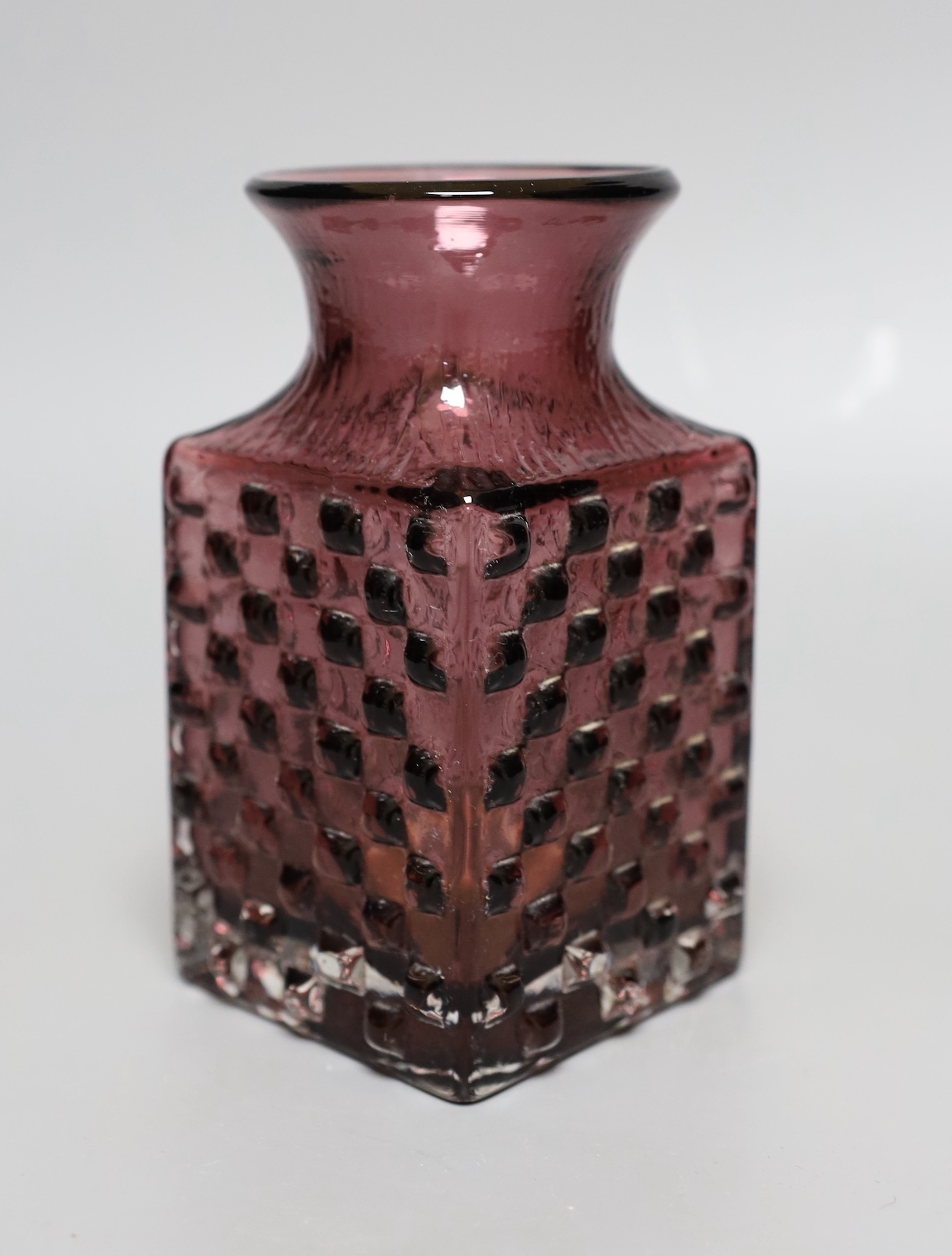 A Whitefriars 'Chess' glass vase, designed by Geoffrey Baxter, dark glass, 15cm tall